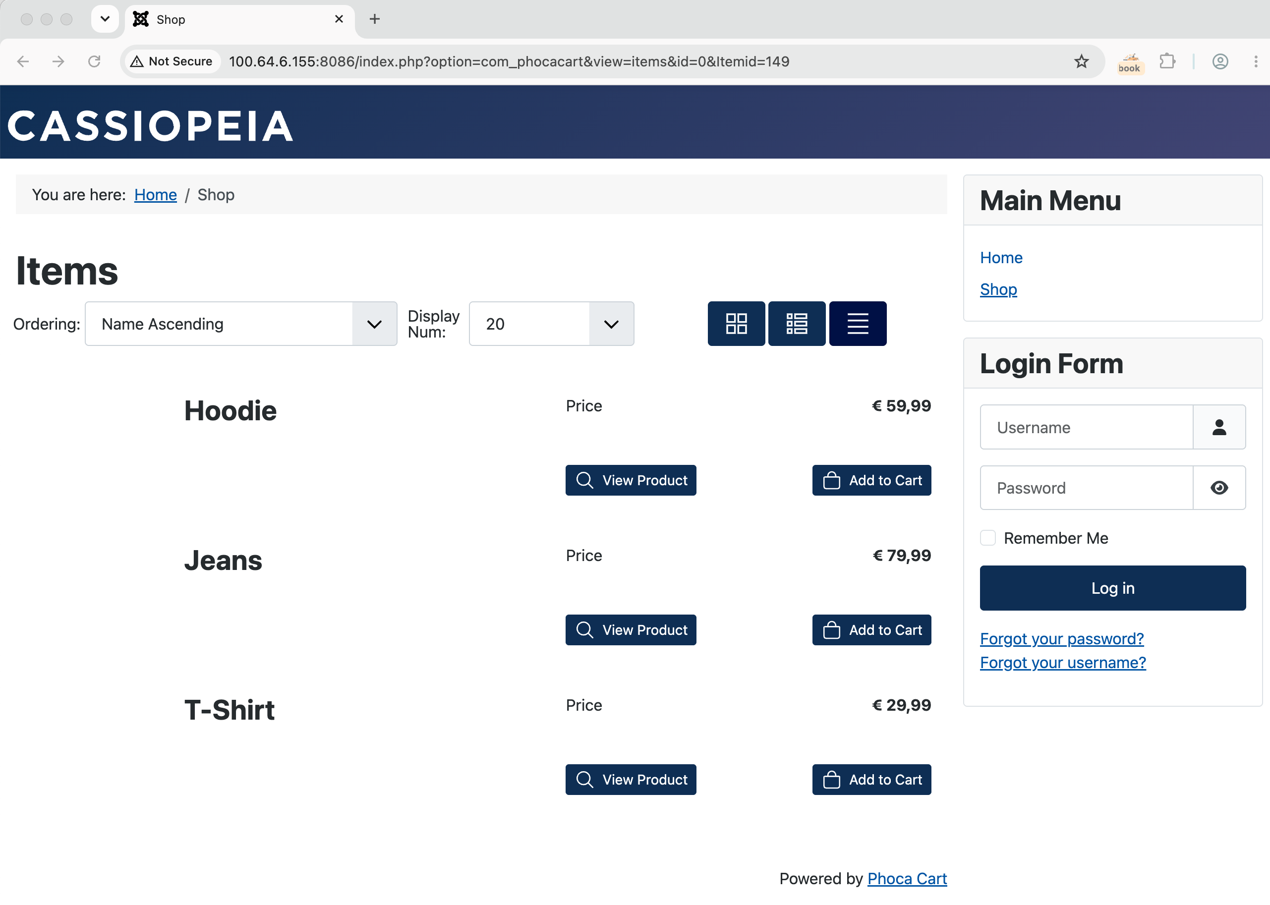 Unauthenticated access to Phoca Cart shop portal showing items listing