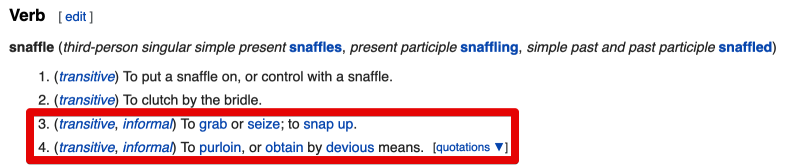 Una definición de diccionario de "snaffle".