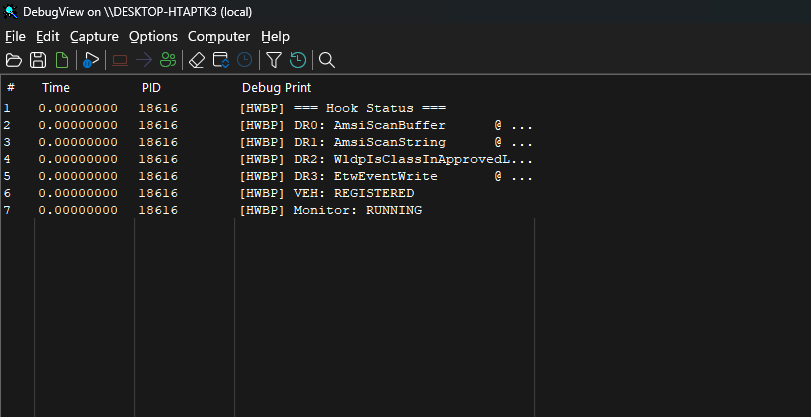 Diagnósticos de status de hook do HWBP Engine capturados no Sysinternals DebugView