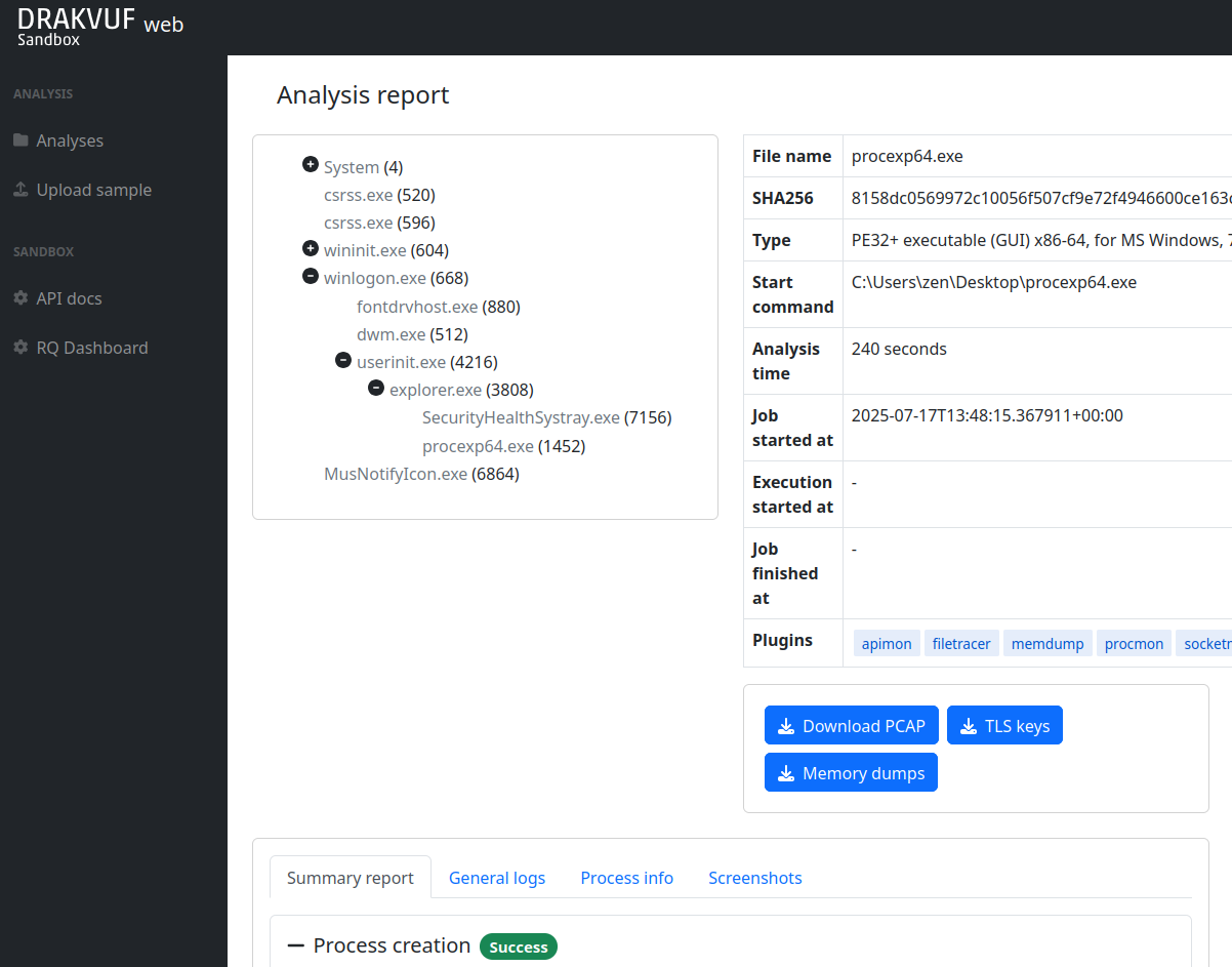 DRAKVUF Sandbox - Vista de análisis