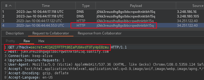 Collaborator cattura la richiesta XSS dalla vittima che naviga sul target