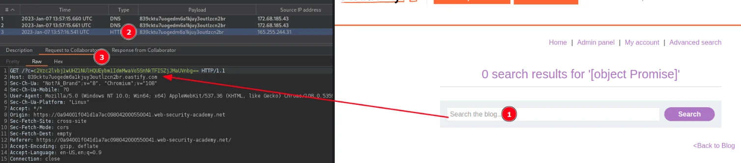 Burp collaborator che riceve la richiesta con il valore del cookie in base64 dal nostro POC.