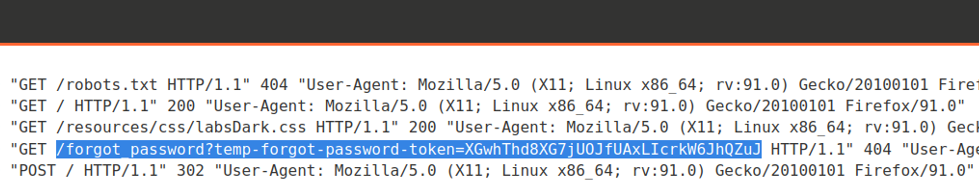I log del server exploit catturano il token di reset della password dimenticata