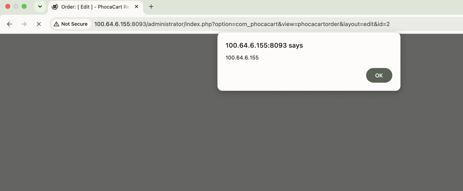 Шаг 8: XSS-пейлоад выполняется в браузере администратора — alert(document.domain) подтверждает контекст выполнения
