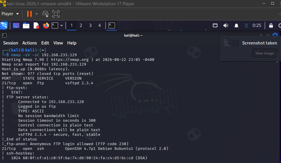vsftpd 2.3.4 を示す Nmap スキャン