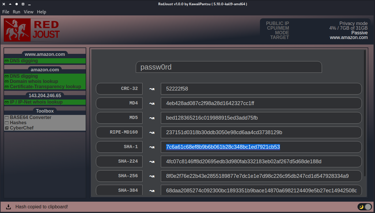 Toolbox Hashes view