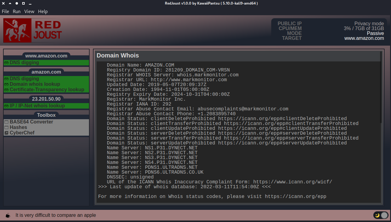 Showing of the internal whois client