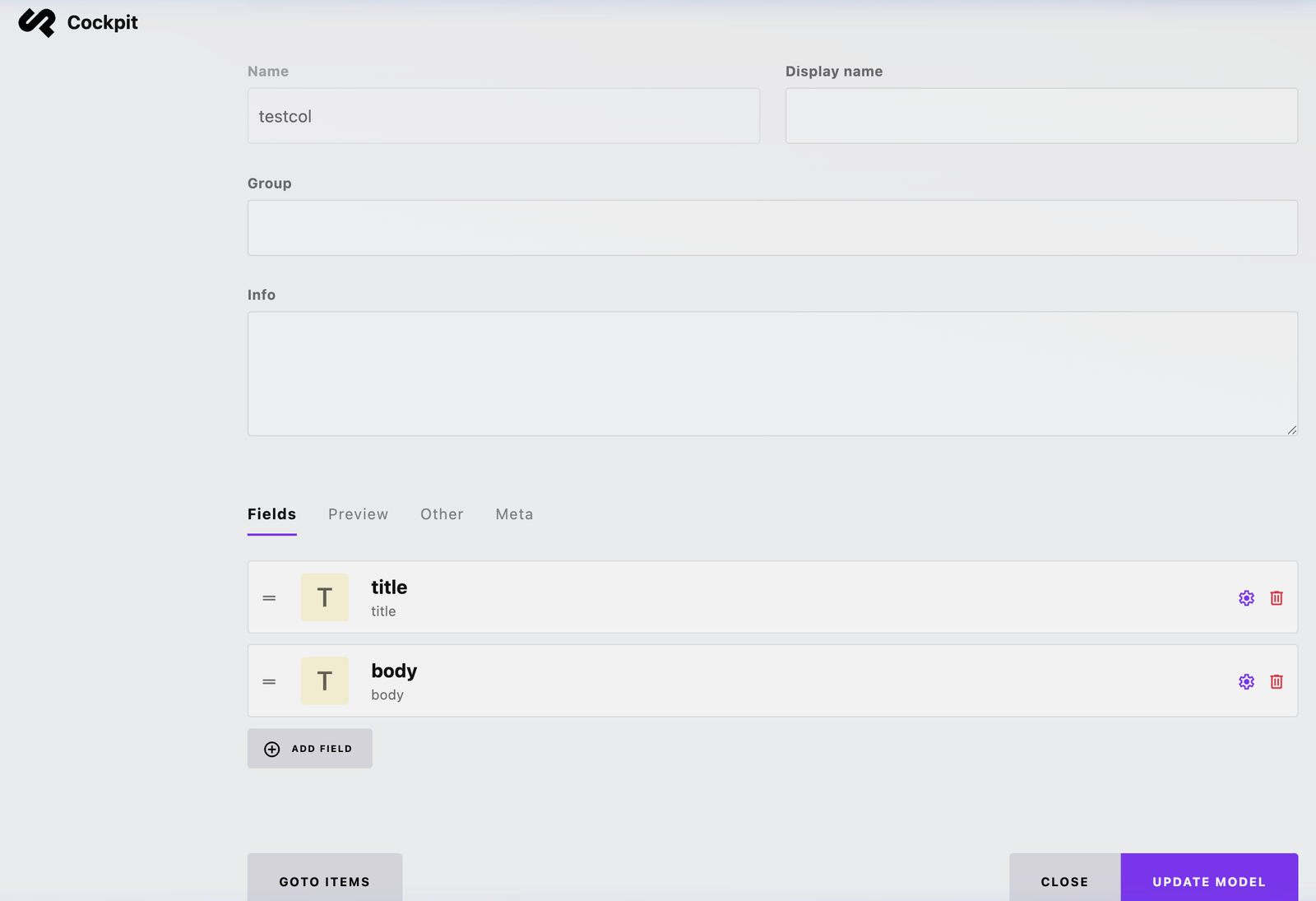 Configuración del modelo de contenido testcol