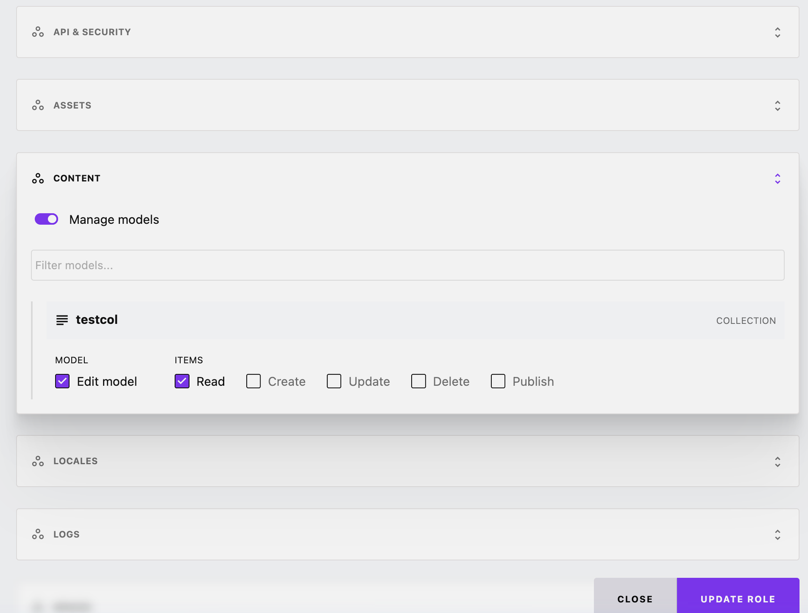 Configuración de permisos de rol para la colección
