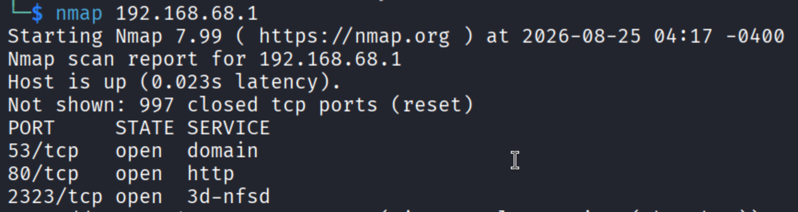 Nmap mostrando el puerto 2323 abierto