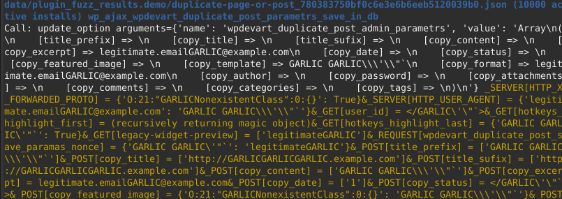 esempio di output del fuzzer per duplicate-page-or-post