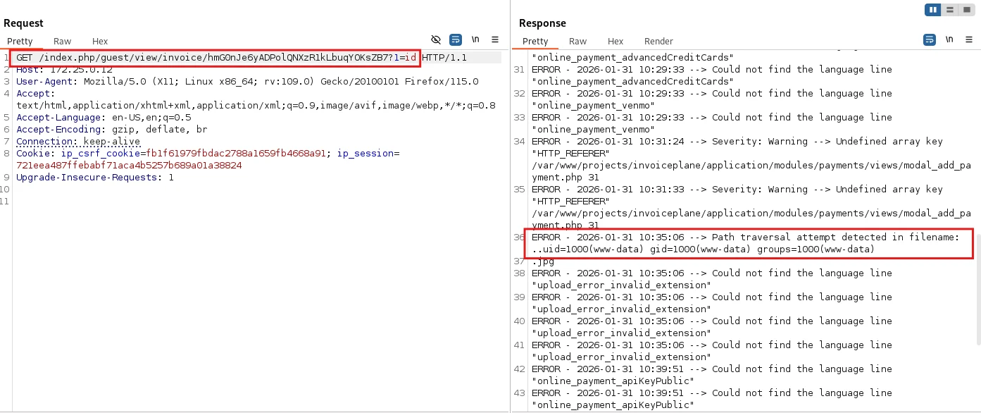 Step 3 - Command output reflected in the HTTP response via public invoice URL