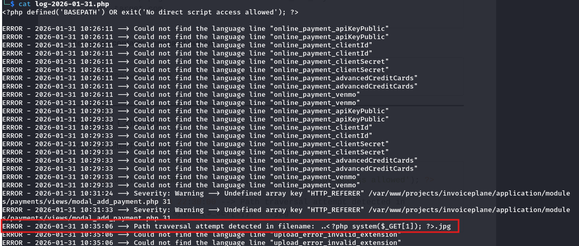 Step 1c - Log file showing injected PHP payload