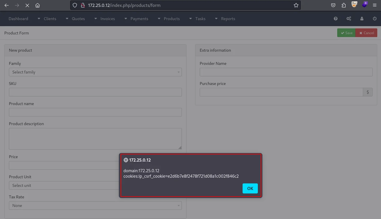 Schritt 2 - XSS wird auf der Produktformular-Seite ausgeführt und gibt Domain und Cookies preis