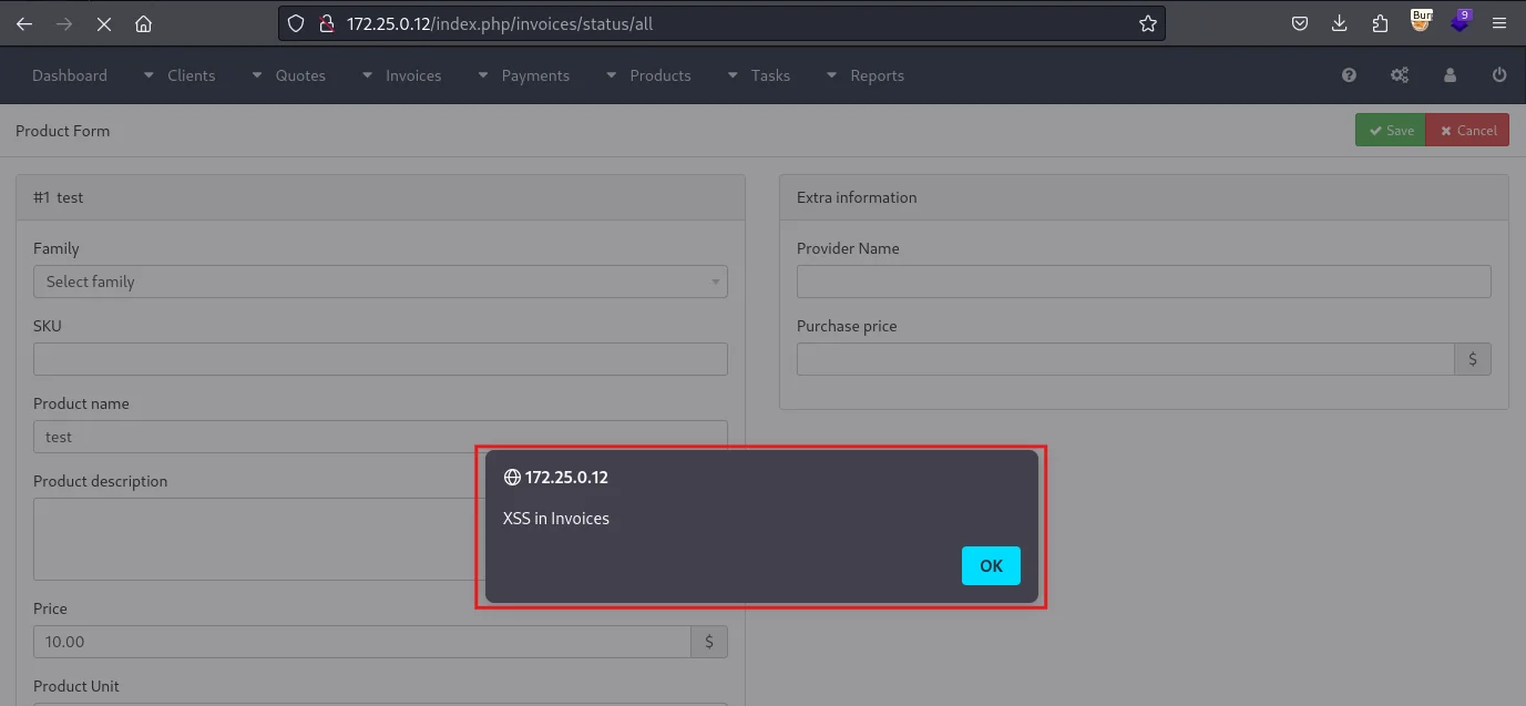 Paso 2 - XSS ejecutándose al visualizar el estado de la factura