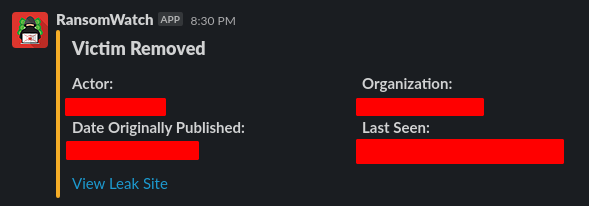 Slack notification for removed victim