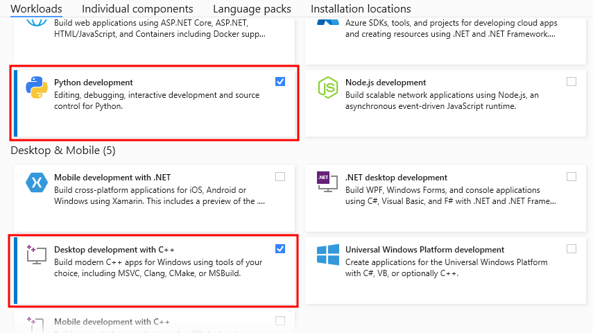 Cargas de trabajo requeridas de Visual Studio