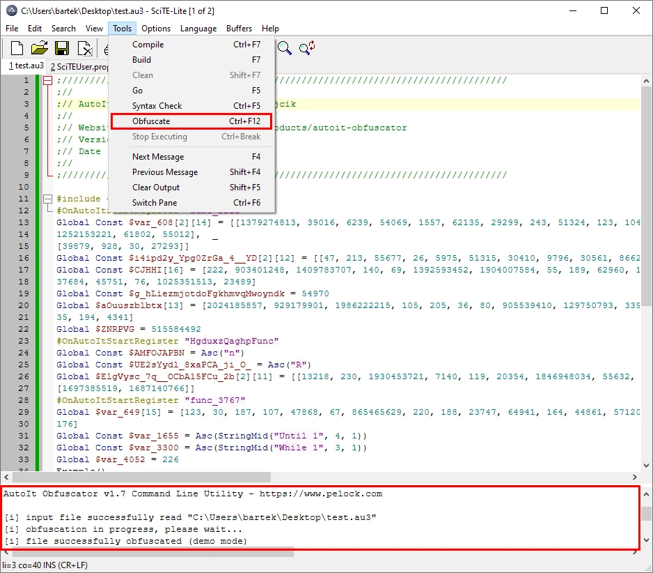 AutoIt Obfuscator integration with SciTE Script Editor