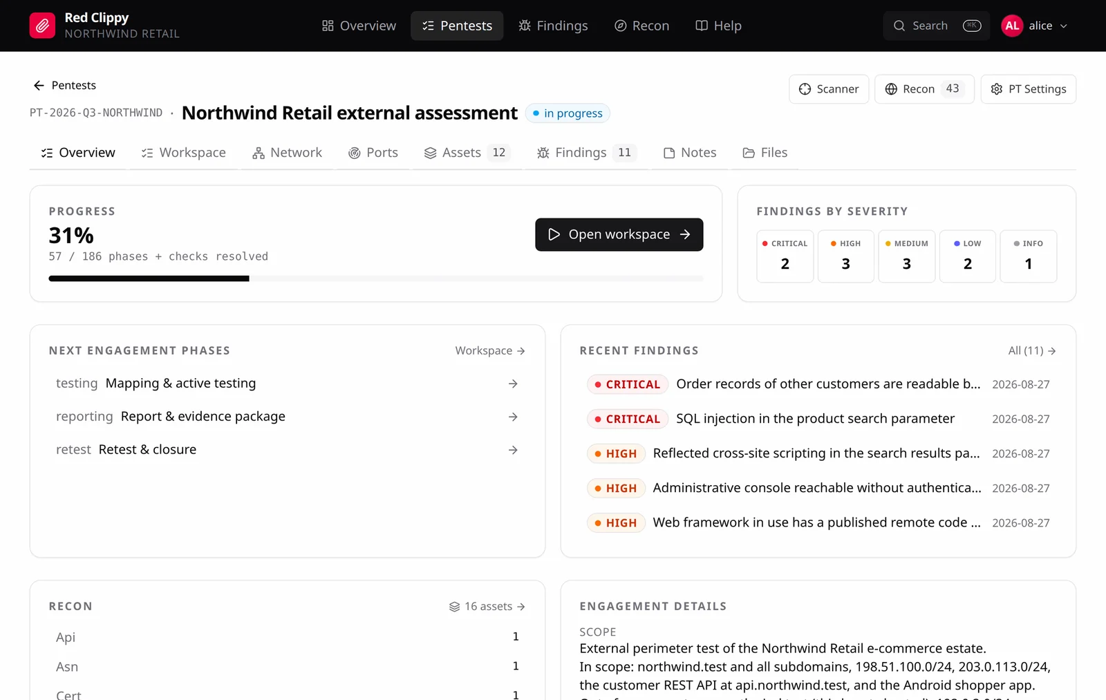 An engagement in Red Clippy: coverage progress, findings by severity, outstanding phases, recent findings, and the scope from the engagement letter