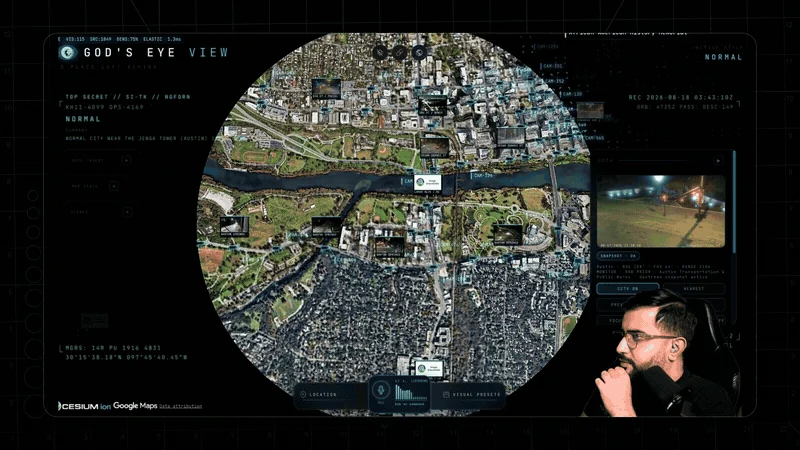 Zilker Park and Lady Bird Lake drawing onto the 3D city as persistent vector annotations, by voice