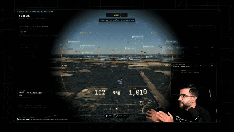 Riding with a live aircraft in cockpit view while switching sensor modes
