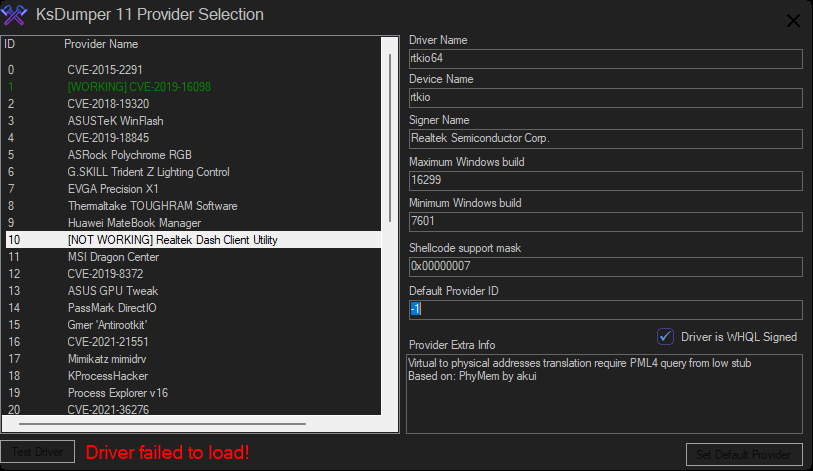 KsDumper v1.3 Provider Selector window