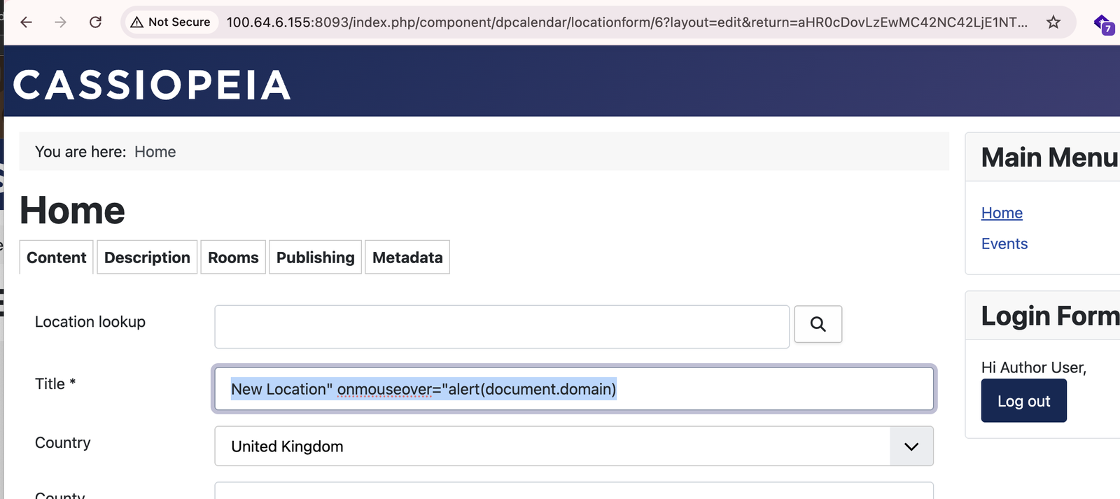 Schritt 6 — XSS-Payload in das Location-Titelfeld injizieren