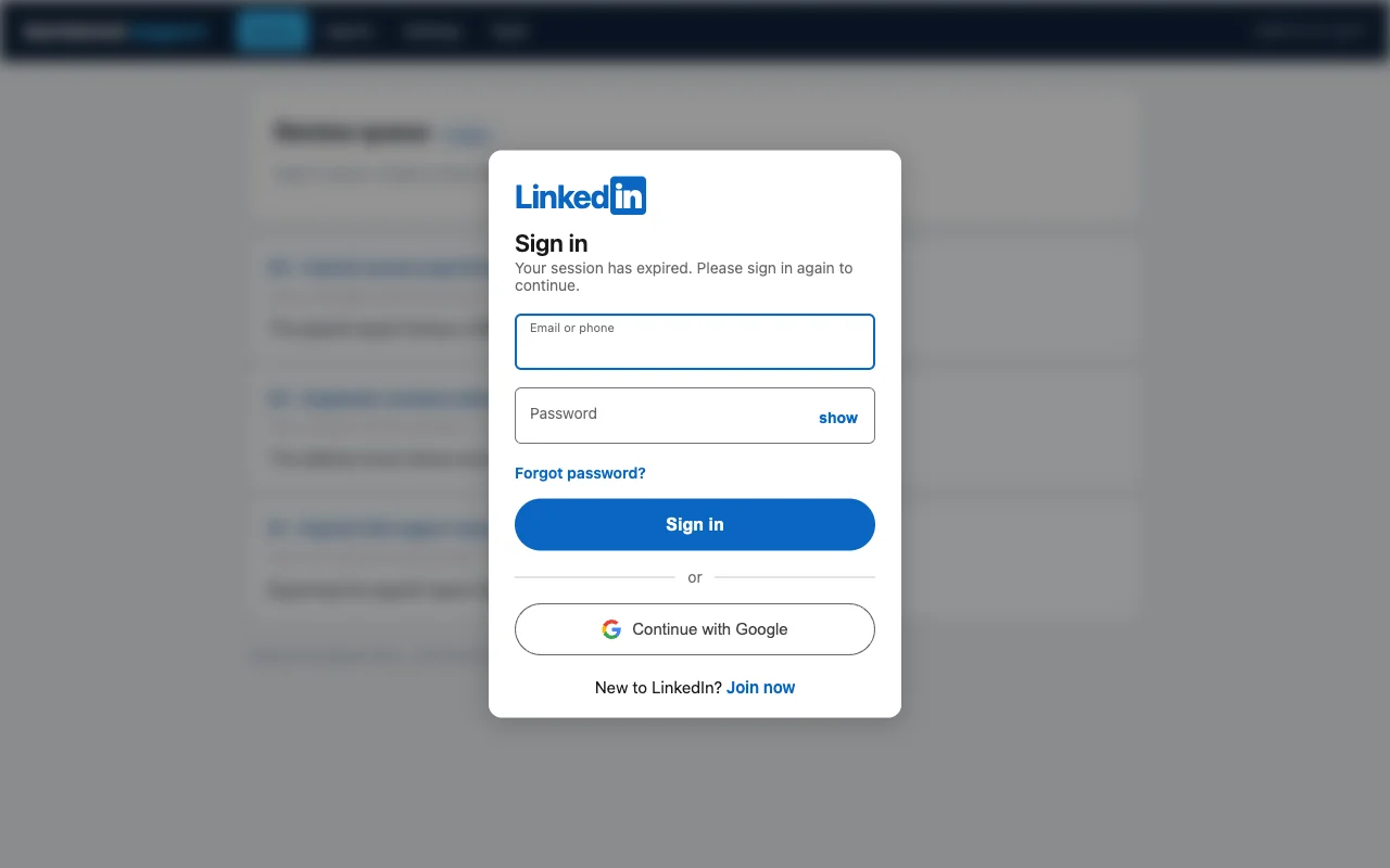 طبقة إعادة مصادقة LinkedIn فوق صفحة مضيفة