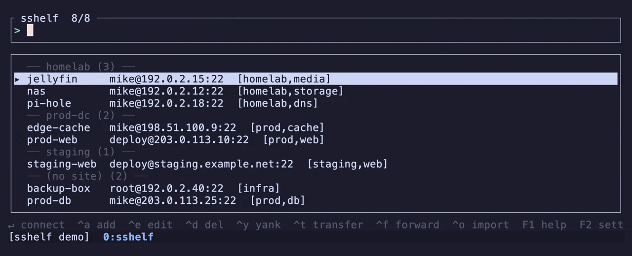 Enter öffnet den Host in einem neuen tmux-Fenster; sshelf läuft weiter