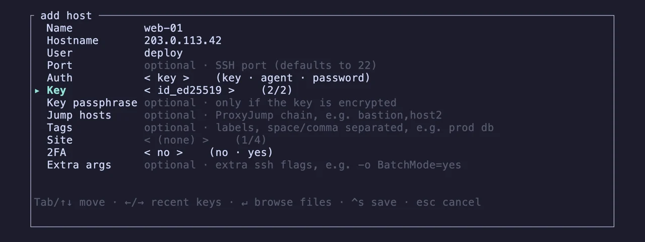 Das Add-Host-Formular im Auth-Bereich mit Schlüsselauswahl