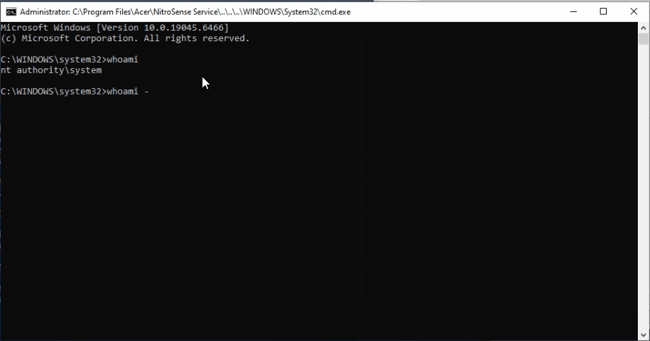 The original PoC recording shows cmd.exe owned by NT AUTHORITY SYSTEM and whoami returning nt authority\system.