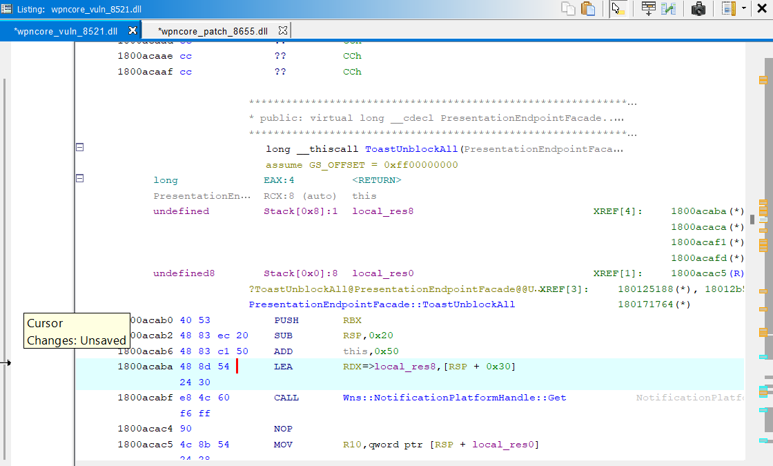 Ghidra with unpatched and patched wpncore.dll open