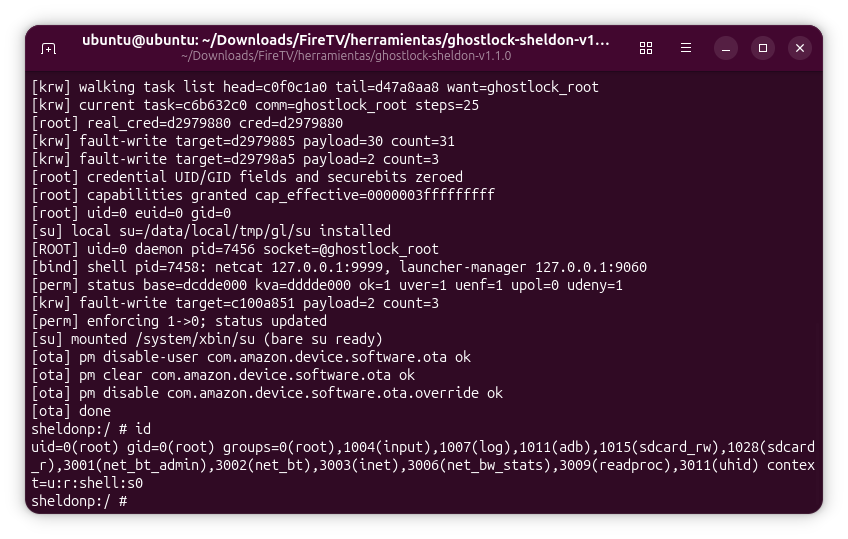 GhostLock root shell showing uid 0 and OTA package changes