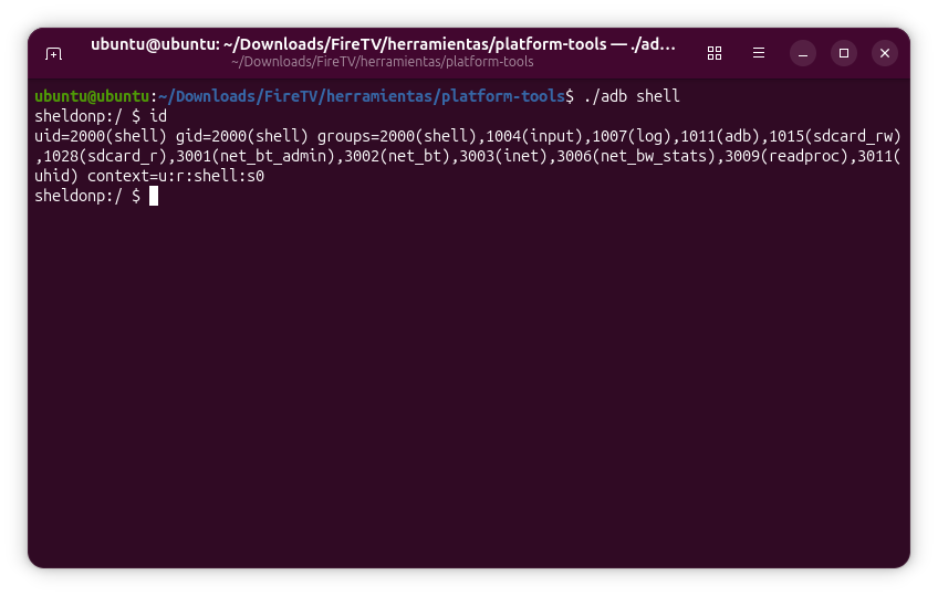 ADB shell baseline showing the unprivileged shell context