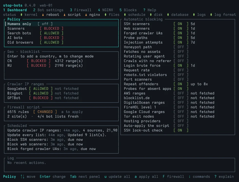 Each screen in sequence: Dashboard, Bot settings, Firewall, the web server's sites and Blocks
