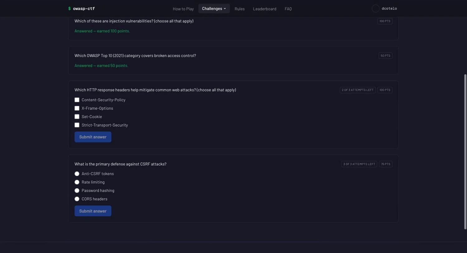 The quiz: single- and multi-select questions, each showing its point value and remaining attempts, graded on submit