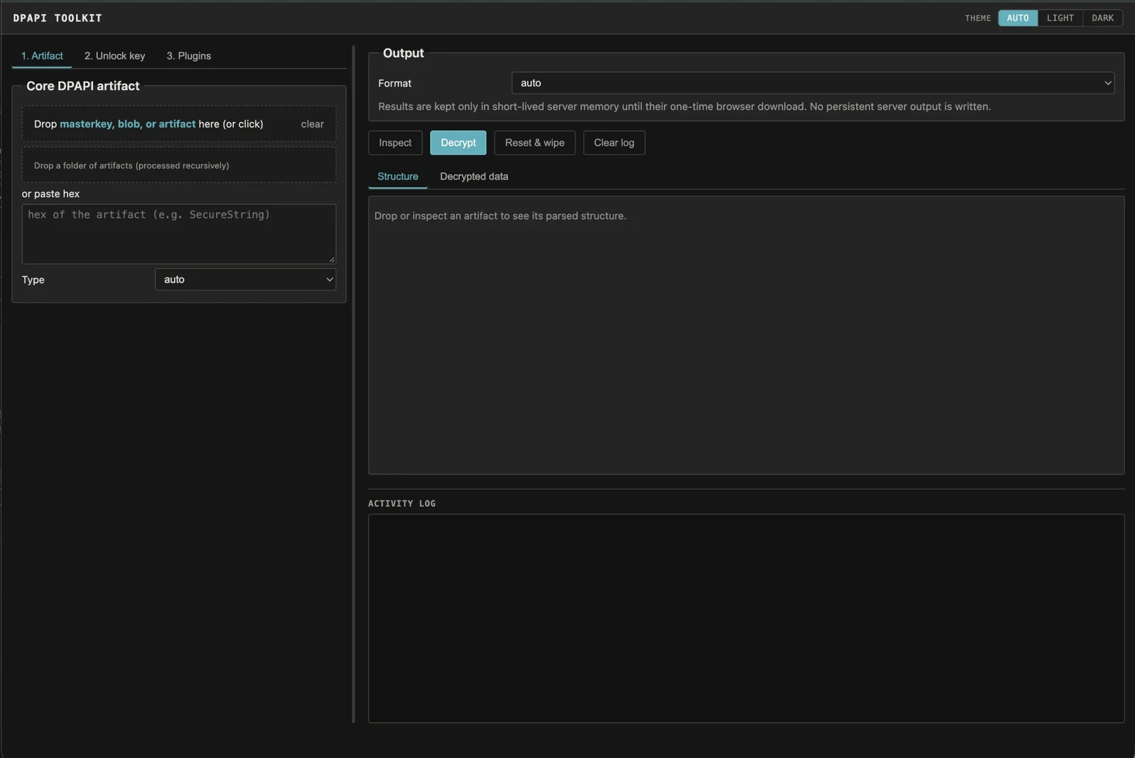 ローカル Web UI: アーティファクトをドロップし、その構造を検査し、キーマテリアルを追加して復号 — すべて 127.0.0.1 上で。