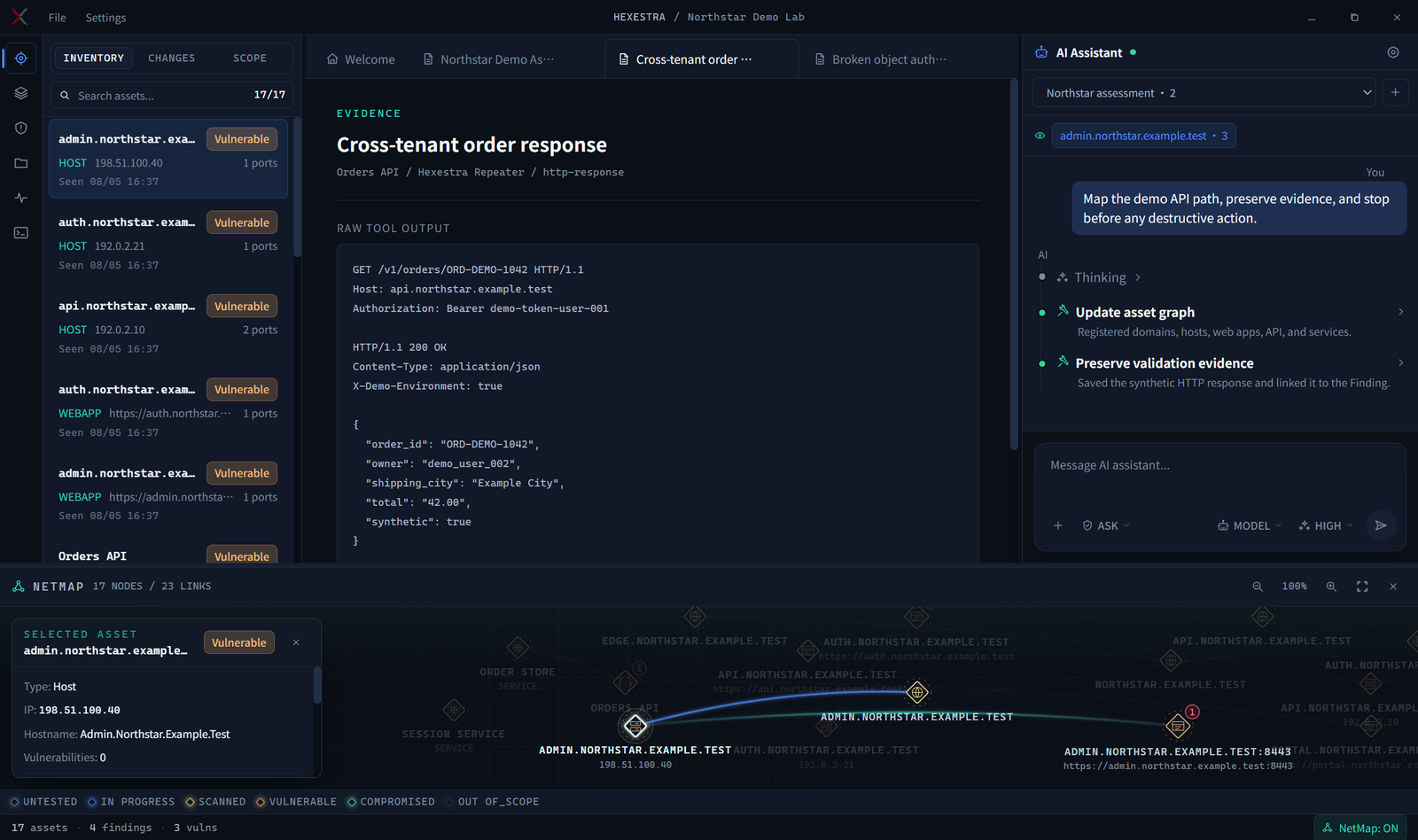 Inventario de Hexestra mostrando la lista de activos objetivo, los detalles del objetivo seleccionado y el resumen de IA