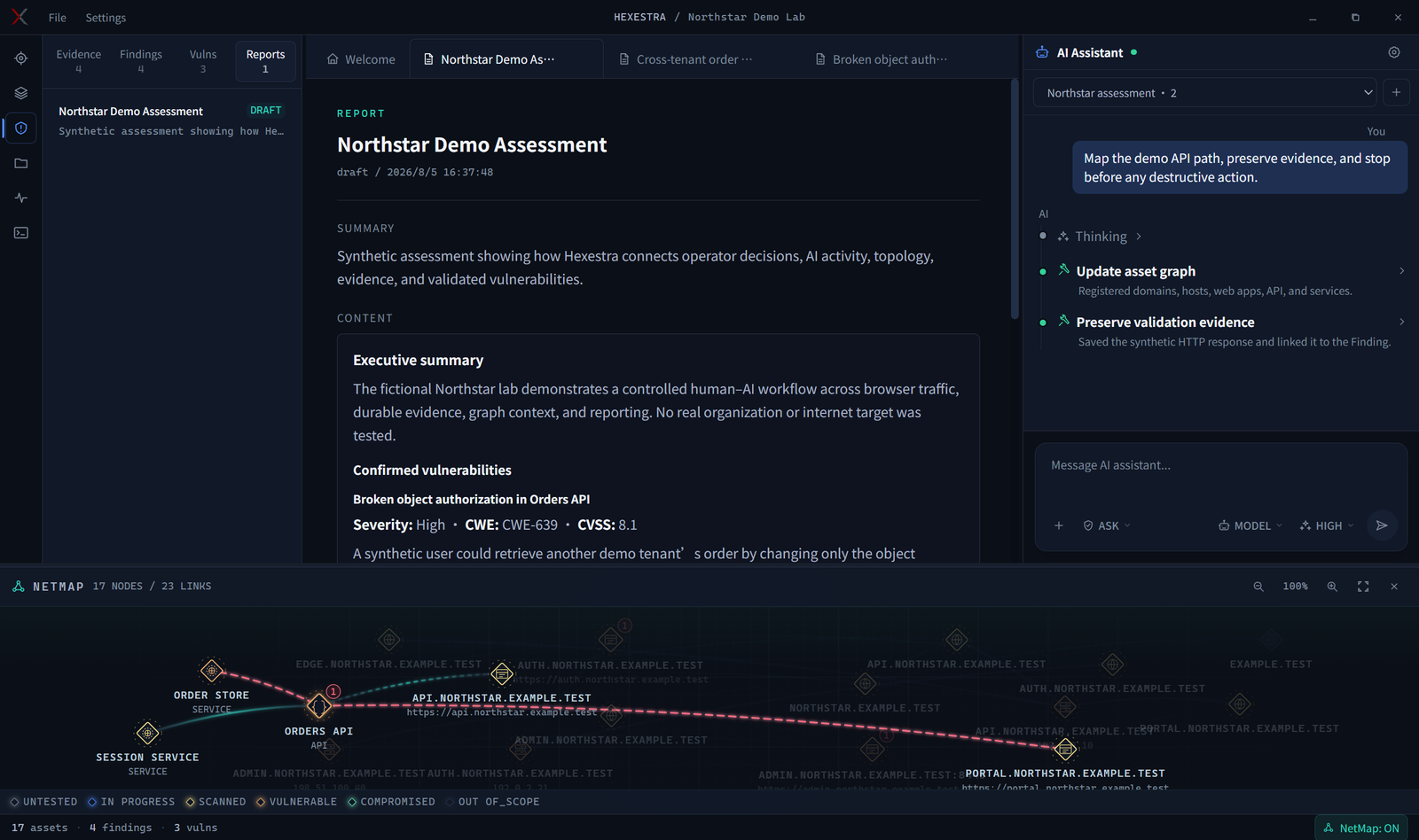 Espacio de trabajo compartido de Hexestra con árbol de tareas, informe, actividad del Agente y NetMap