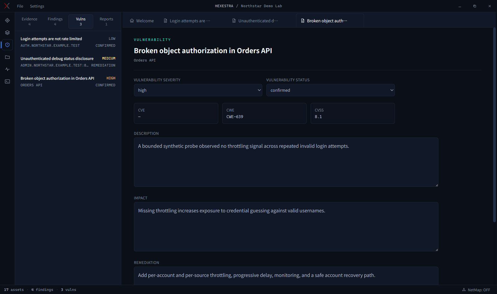 Registro de Vulnerabilidad de Hexestra con severidad, impacto y remediación