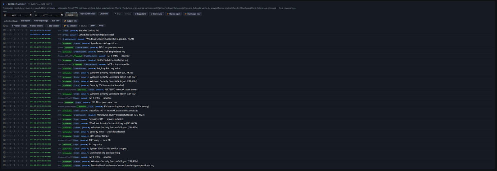 DFIR Companion — super-timeline showing every imported event before promotion