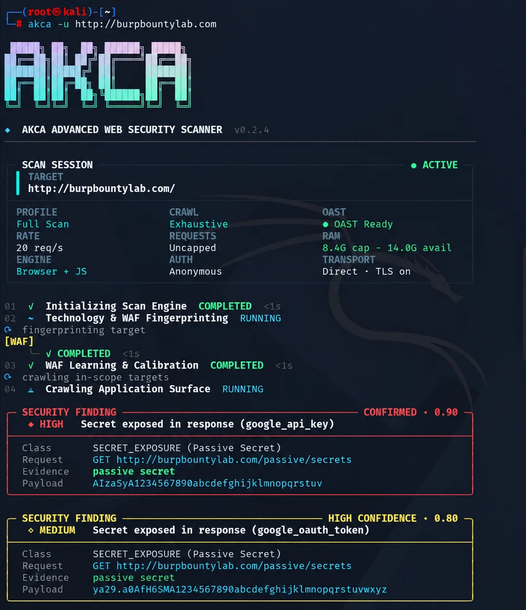 AKCA scanner running against a local security testing lab