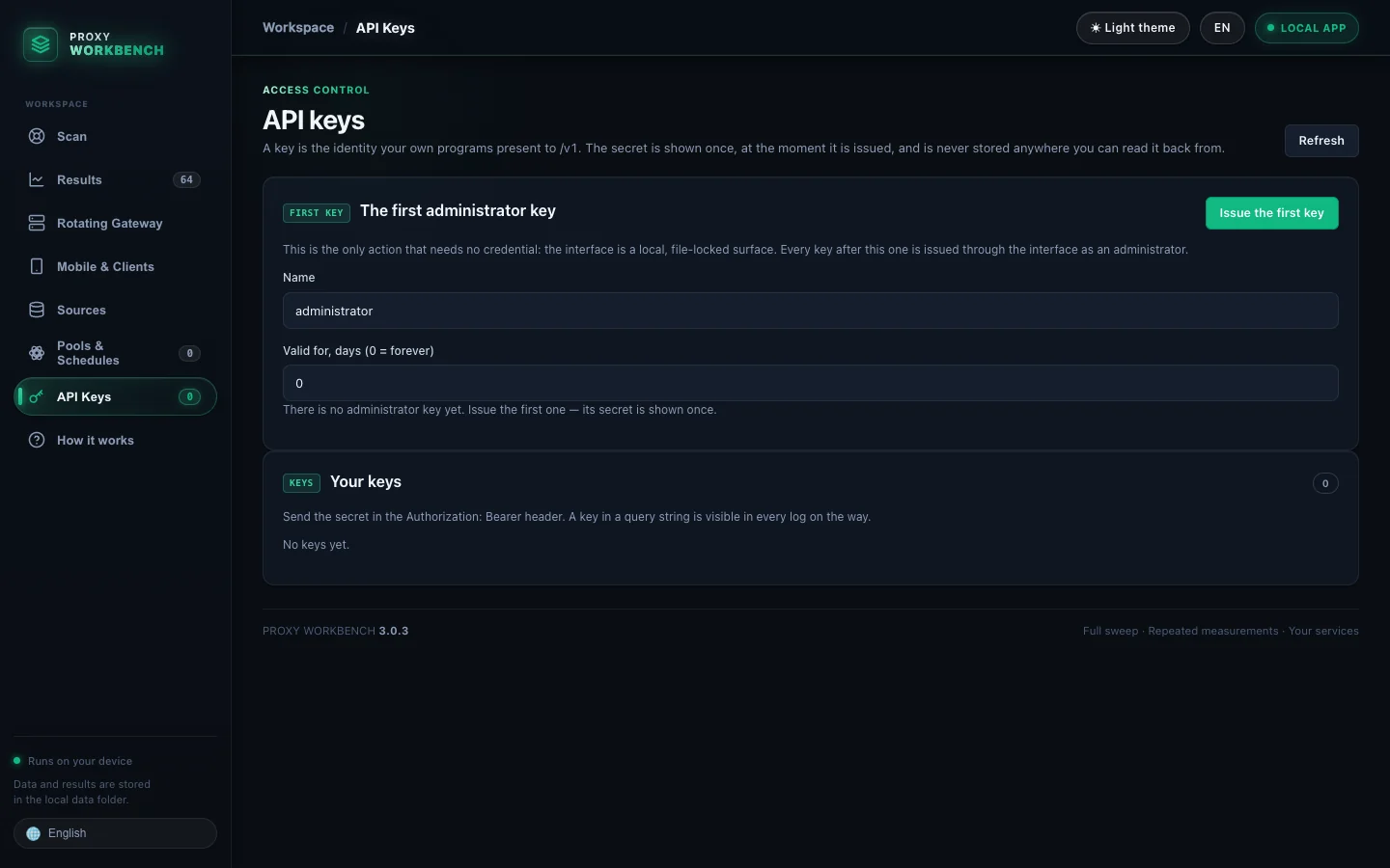 API Keys page showing access controls without secrets