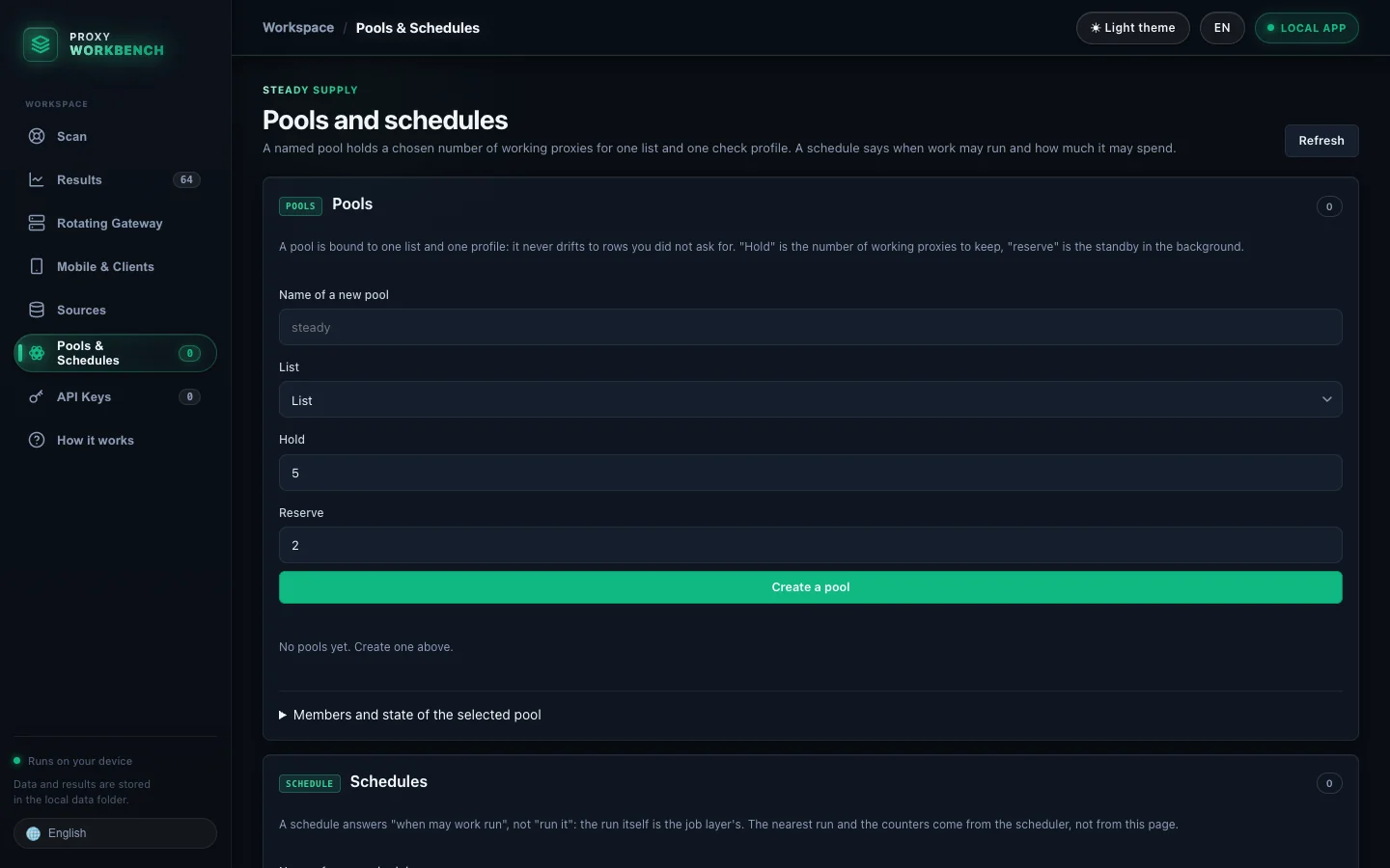 Pools and schedules page with target, reserve and schedule controls